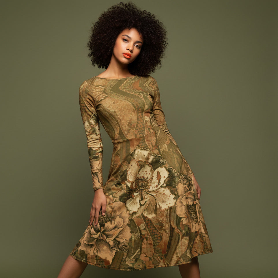 All-over print long sleeve midi dress 330kl5