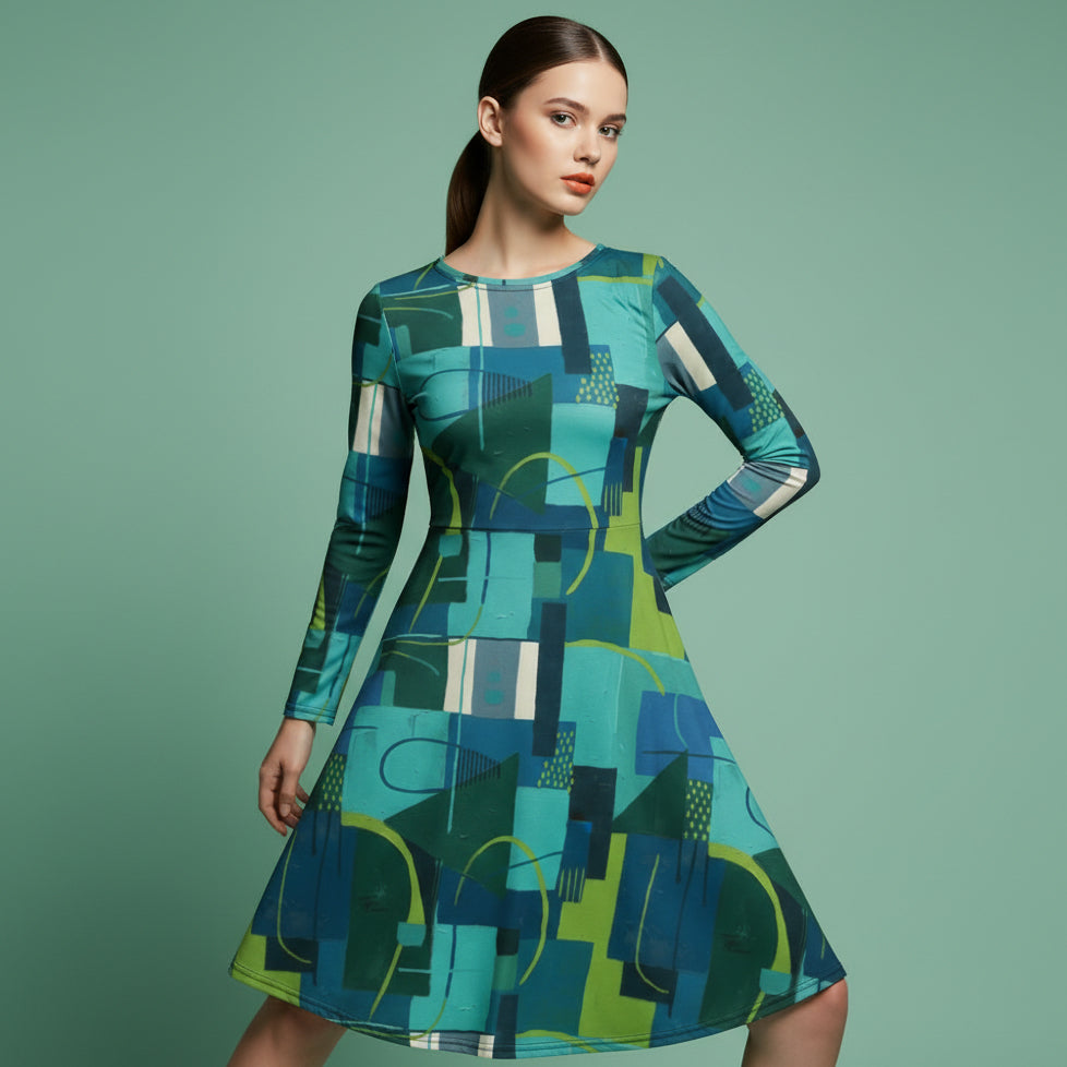 All-over print long sleeve midi dress 346kl1