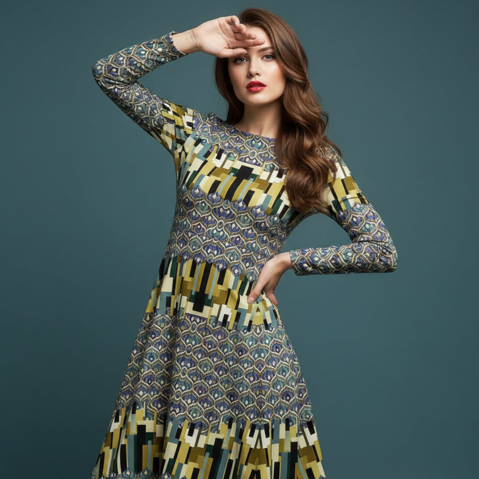All-over print long sleeve midi dress 328kl5