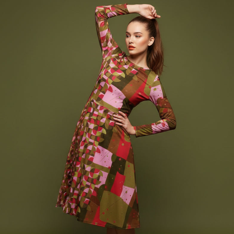 All-over print long sleeve midi dress 347Bkl4