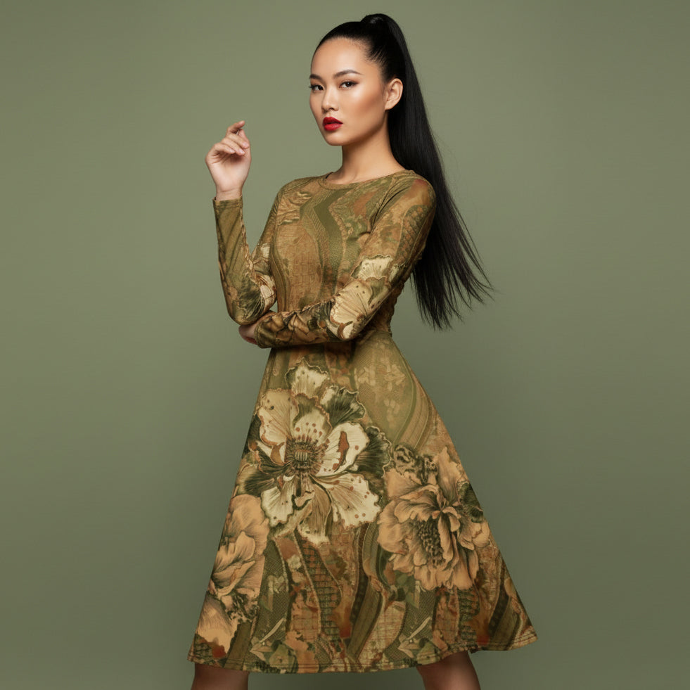 All-over print long sleeve midi dress 330kl5