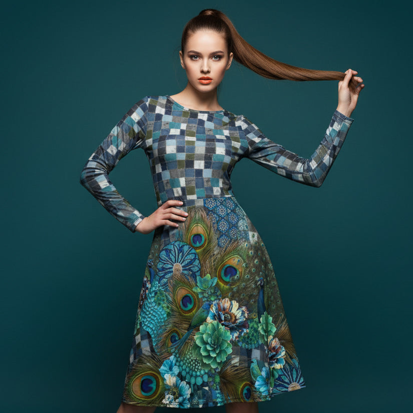 All-over print long sleeve midi dress 284D