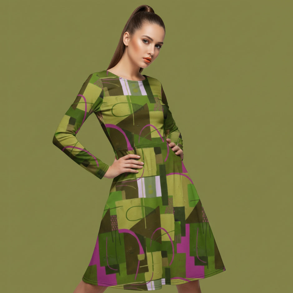 All-over print long sleeve midi dress 346kl2