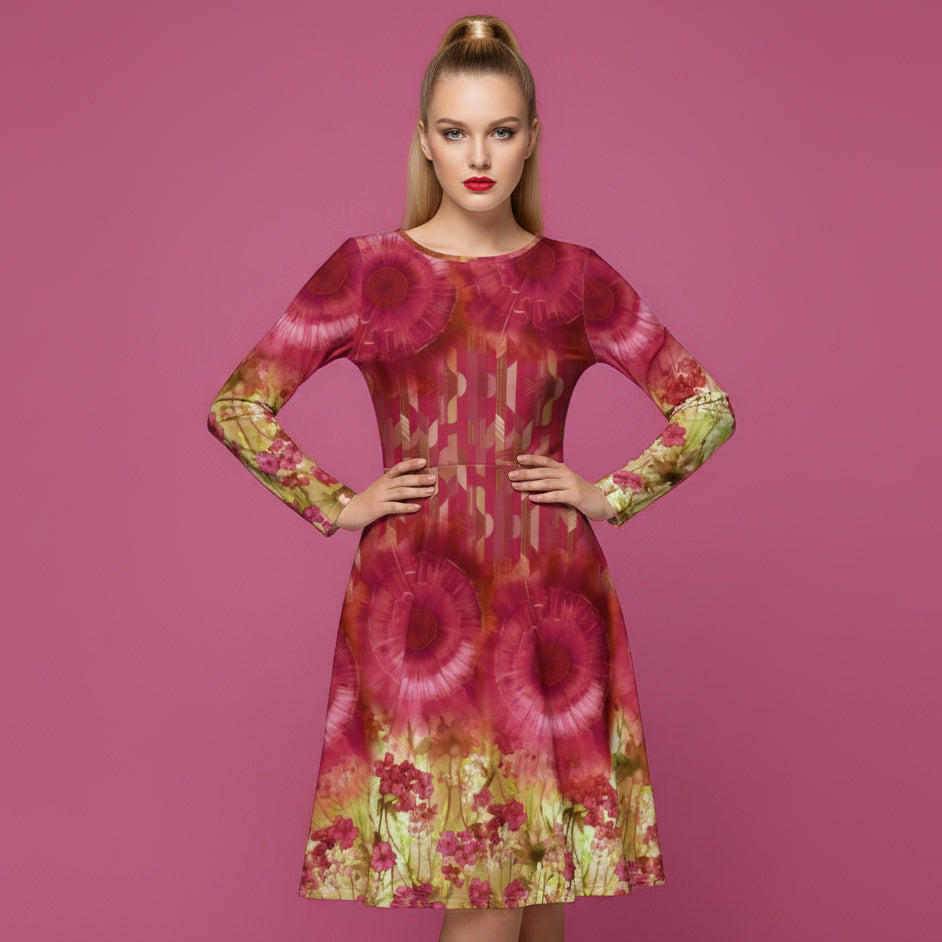 All-over print long sleeve midi dress 321Bkl5