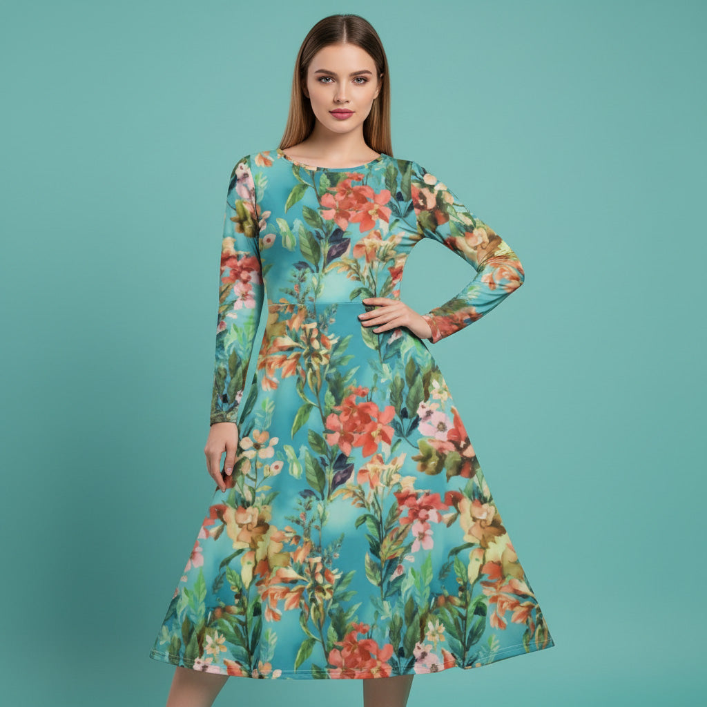 All-over print long sleeve midi dress 319kl4