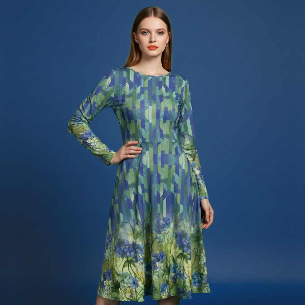 All-over print long sleeve midi dress 321Bkl3c