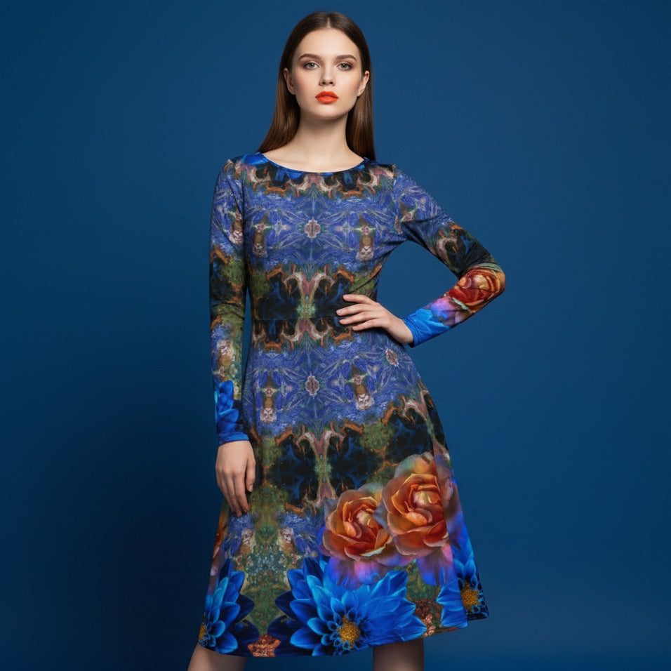 All-over print long sleeve midi dress 326kl1