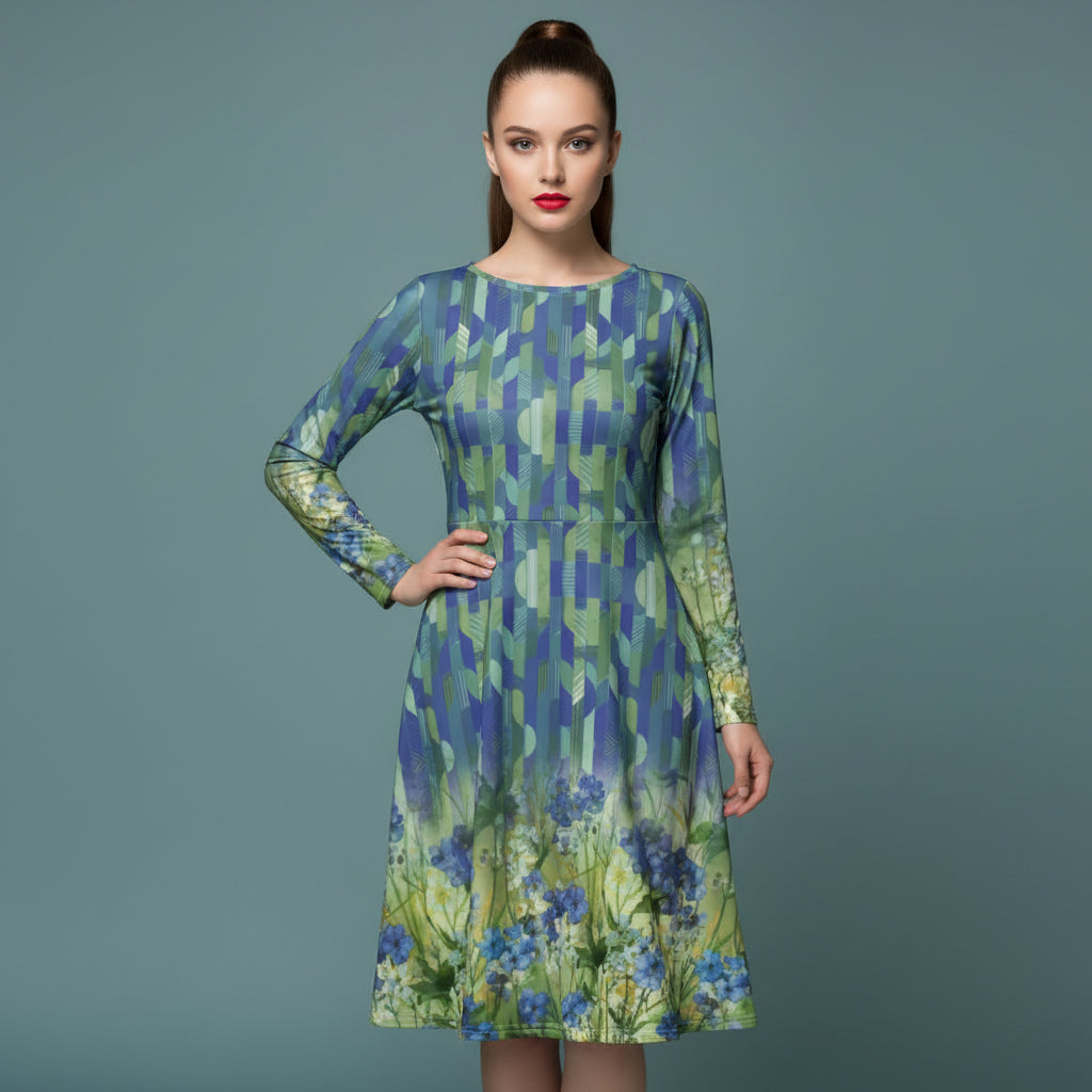 All-over print long sleeve midi dress 321Bkl3c