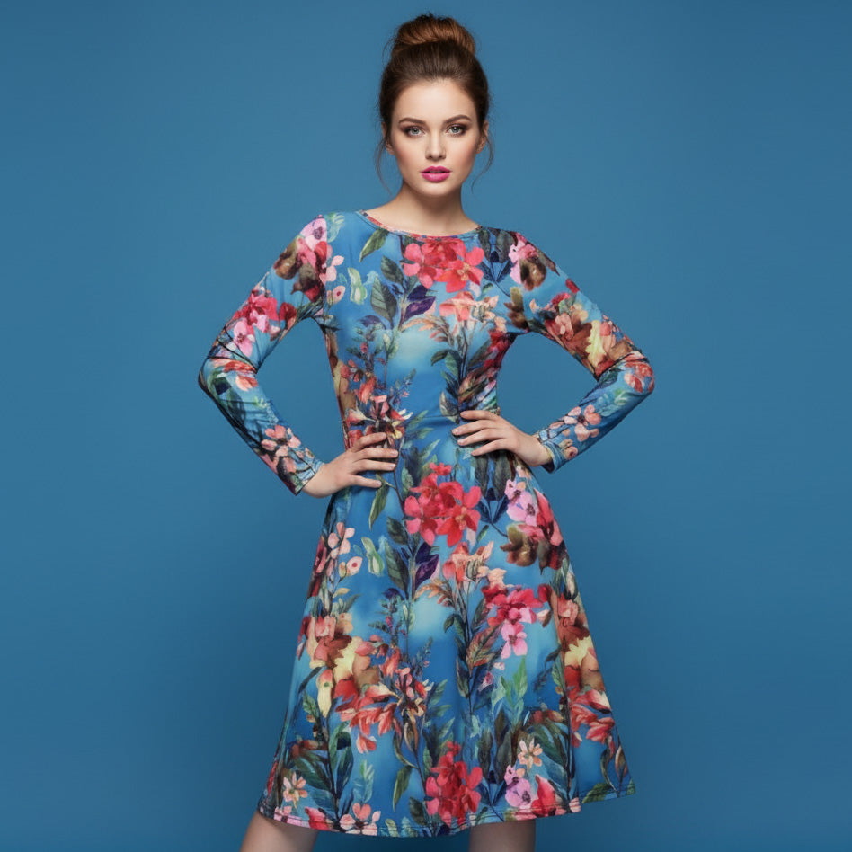 All-over print long sleeve midi dress 319kl5