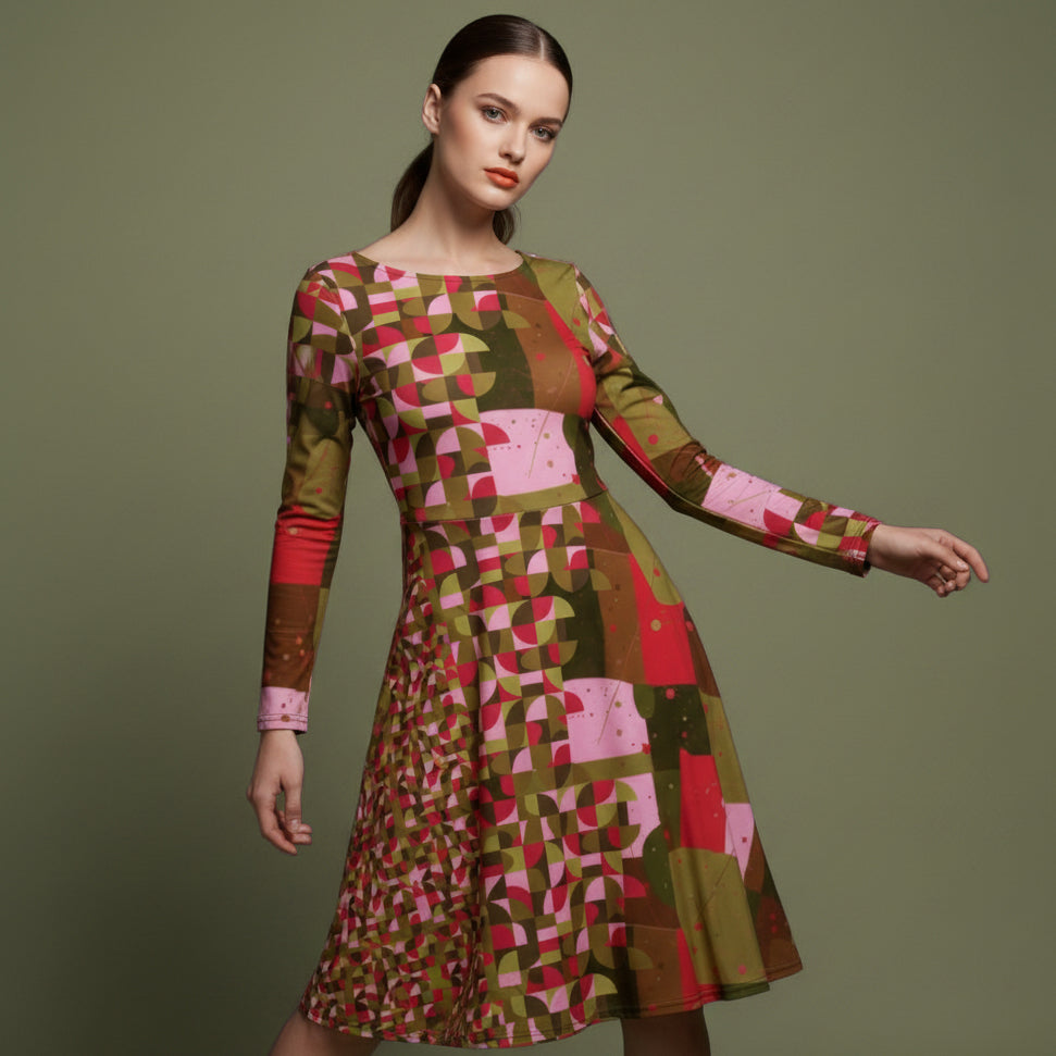 All-over print long sleeve midi dress 347Bkl4