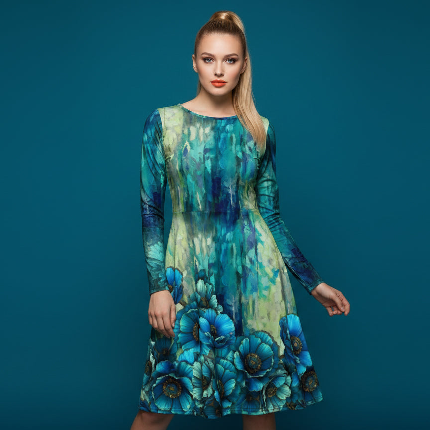 All-over print long sleeve midi dress 317F