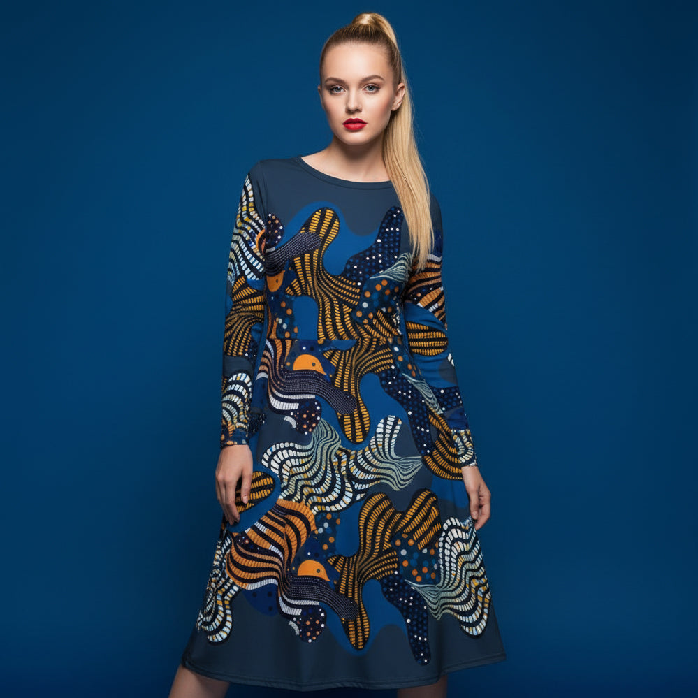 All-over print long sleeve midi dress 357Fkl1