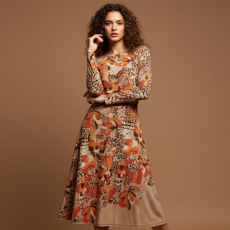All-over print long sleeve midi dress 342kl3D