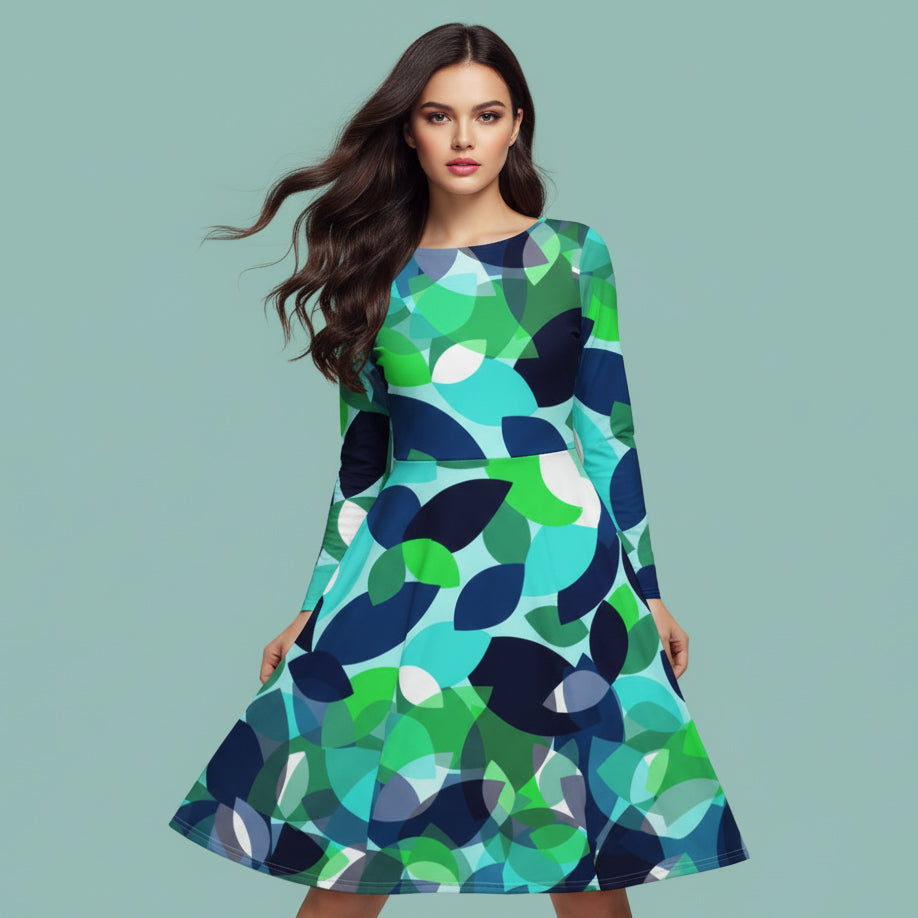 All-over print long sleeve midi dress 338Bkl4