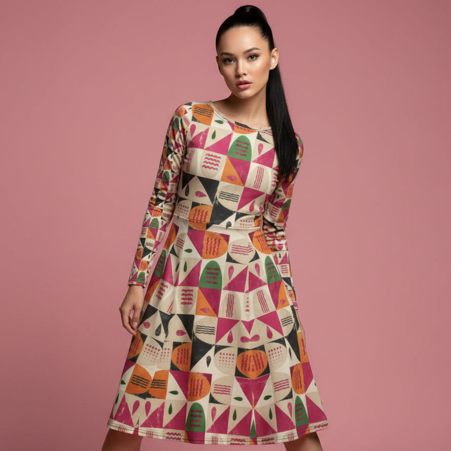 All-over print long sleeve midi dress 343Bkl1