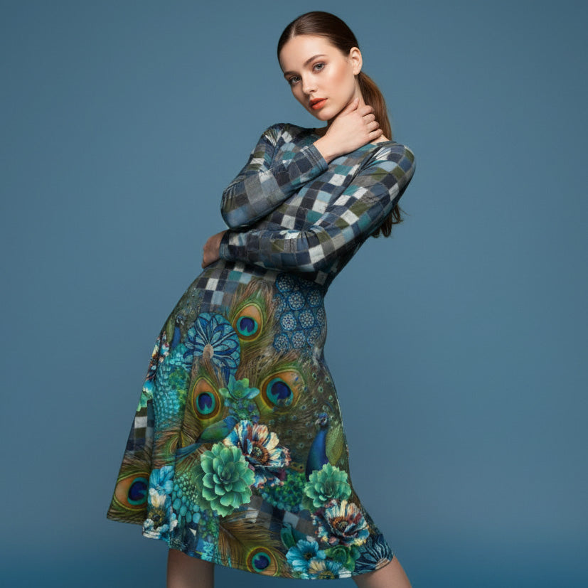 All-over print long sleeve midi dress 284D