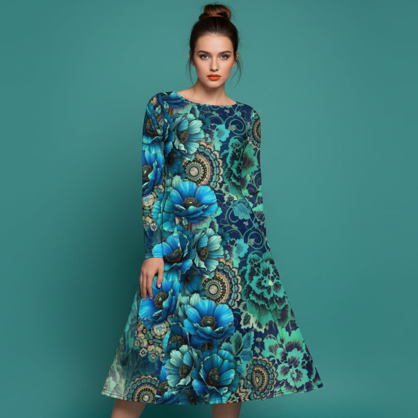 All-over print long sleeve midi dress 317E