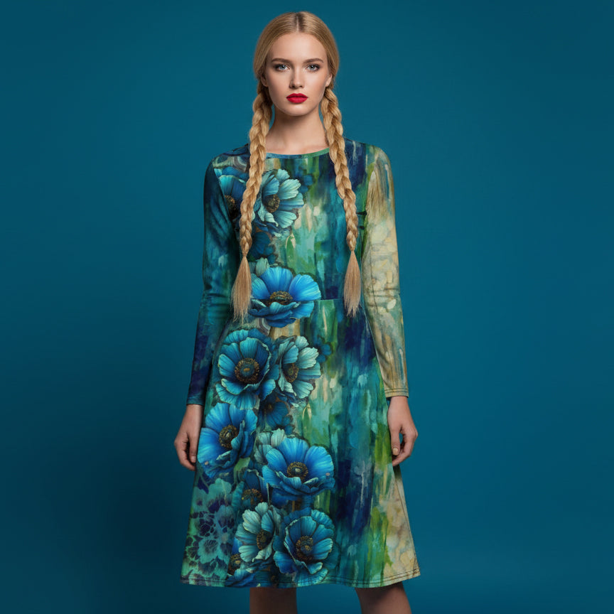 All-over print long sleeve midi dress 317