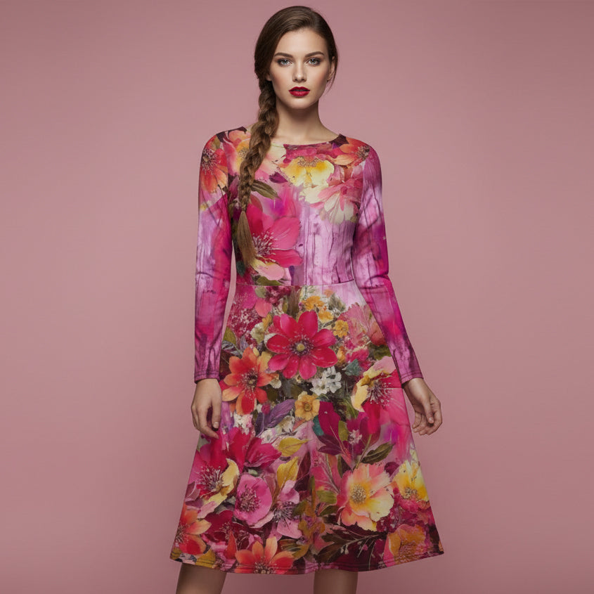 All-over print long sleeve midi dress 318