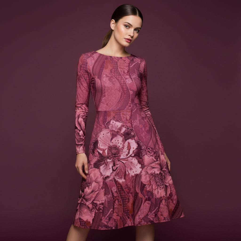 All-over print long sleeve midi dress 330kl2