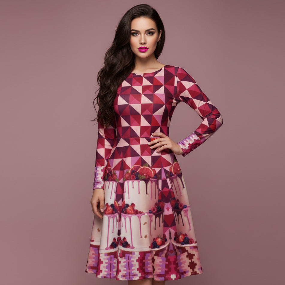 All-over print long sleeve midi dress 287Dkl2