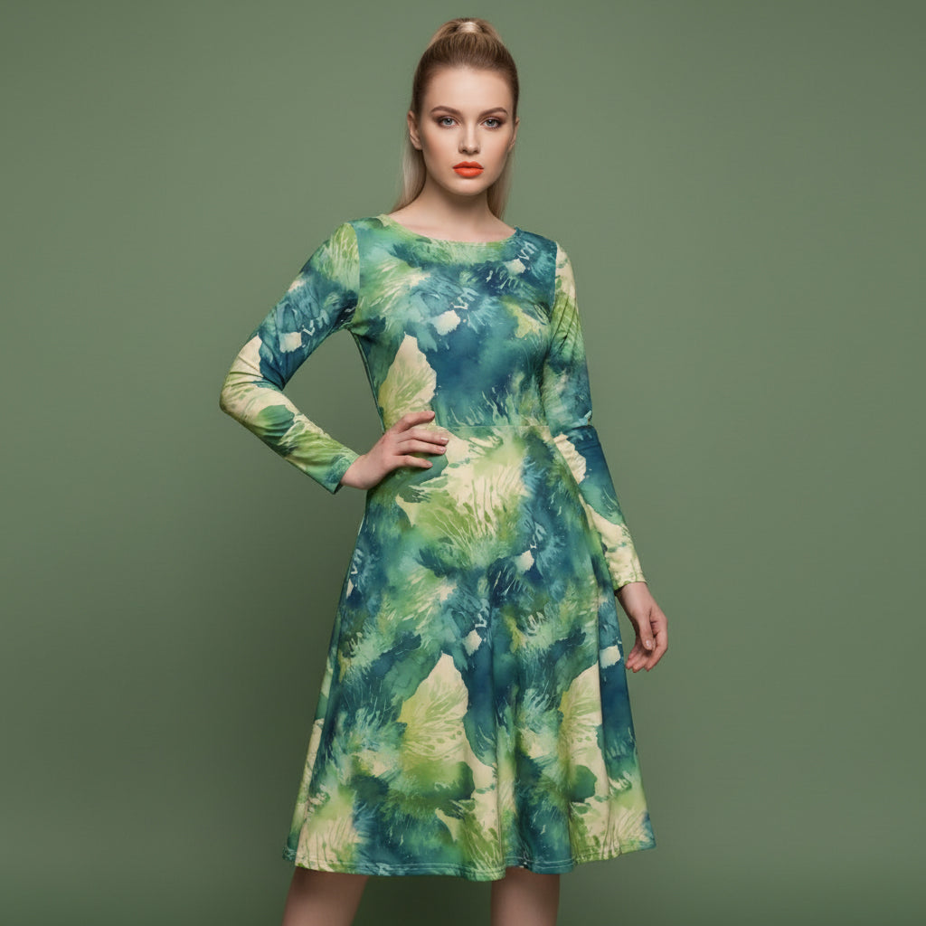All-over print long sleeve midi dress 324kl1