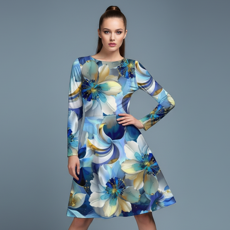 All-over print long sleeve midi dress 309B