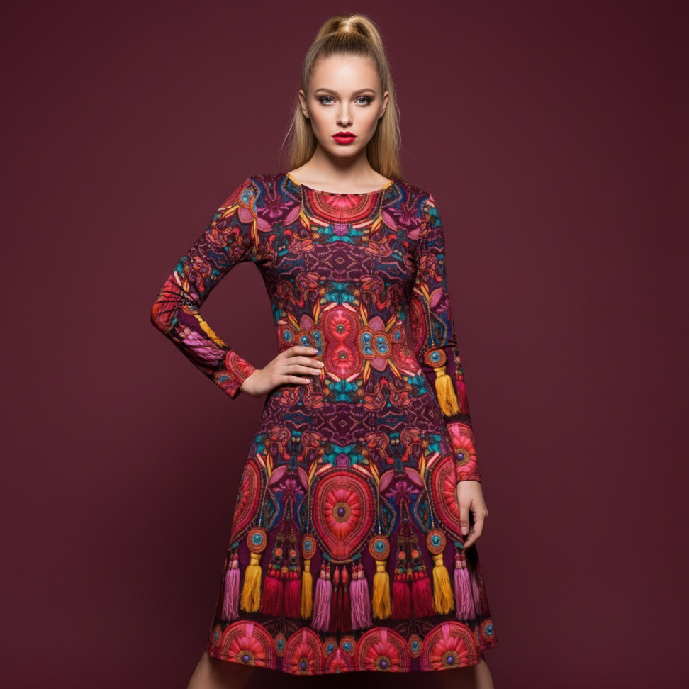 All-over print long sleeve midi dress 311B