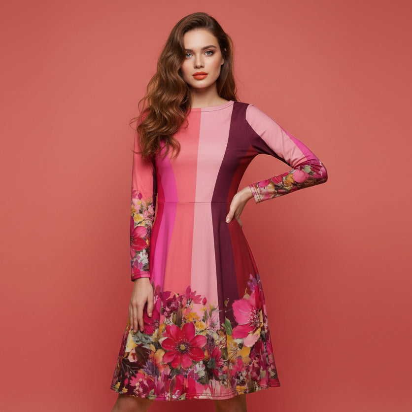 All-over print long sleeve midi dress 318C