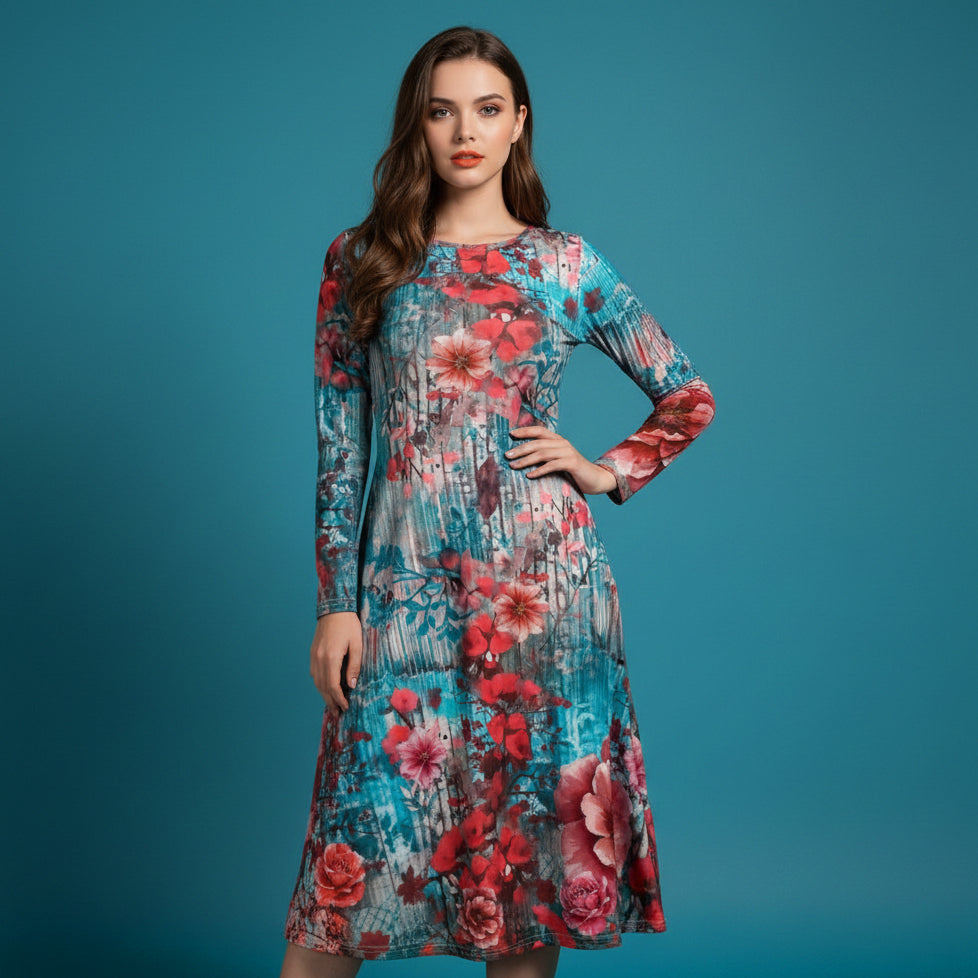 All-over print long sleeve midi dress 315C