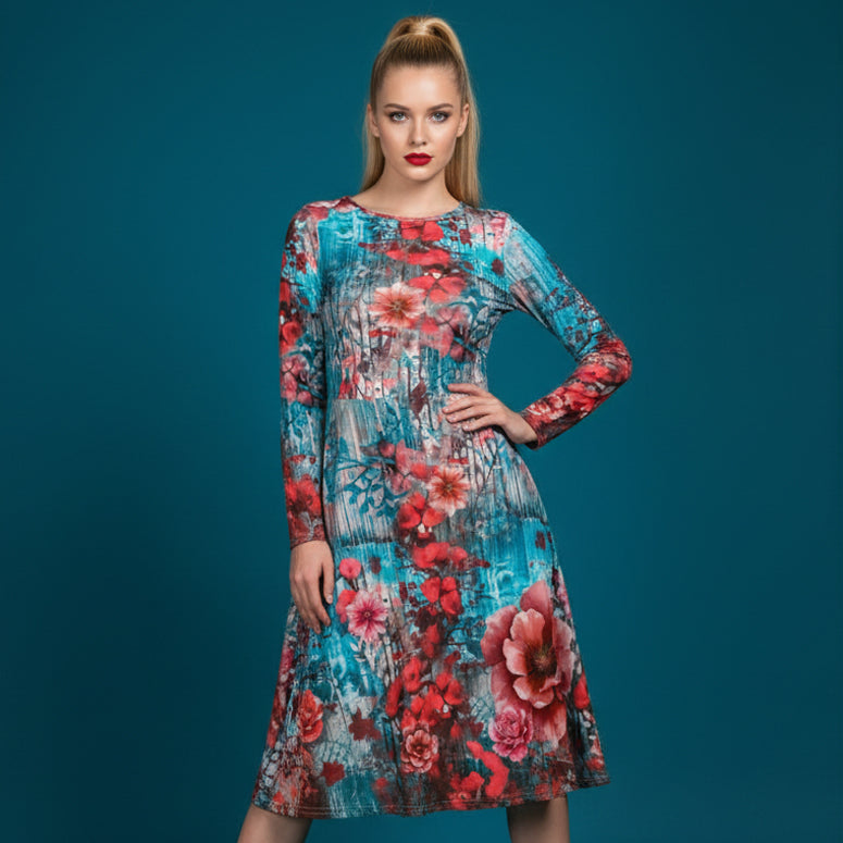 All-over print long sleeve midi dress 315C