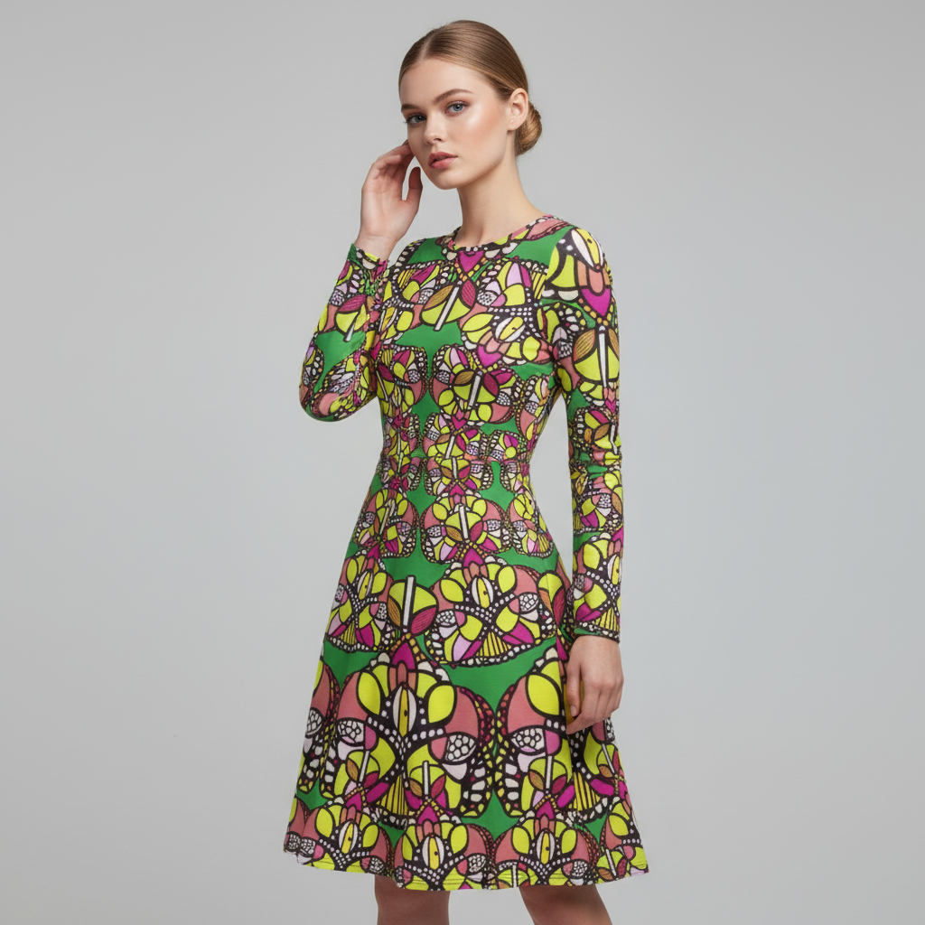 All-over print long sleeve midi dress 278