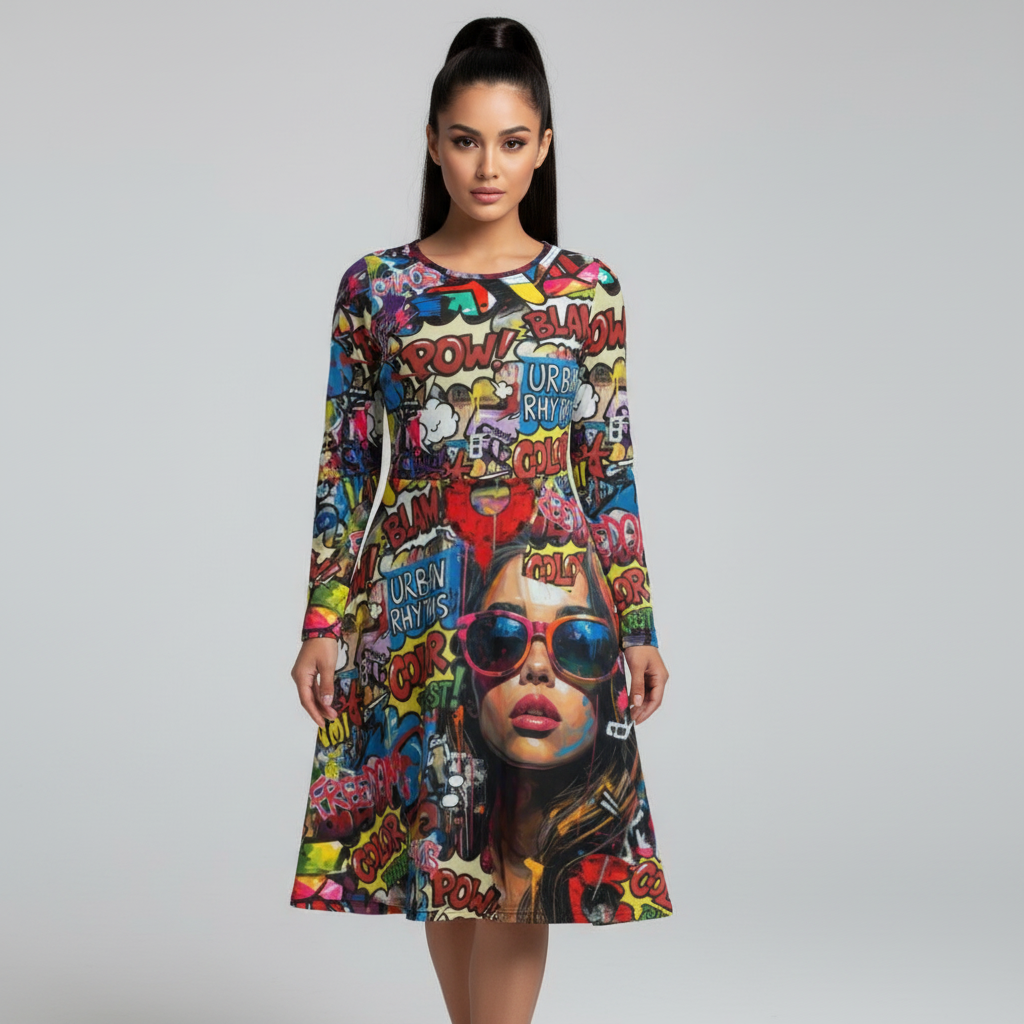 All-over print long sleeve midi dress 279