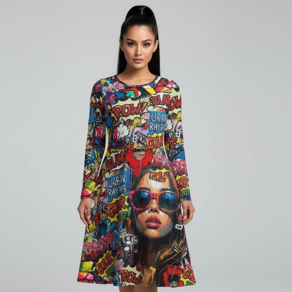 All-over print long sleeve midi dress 279