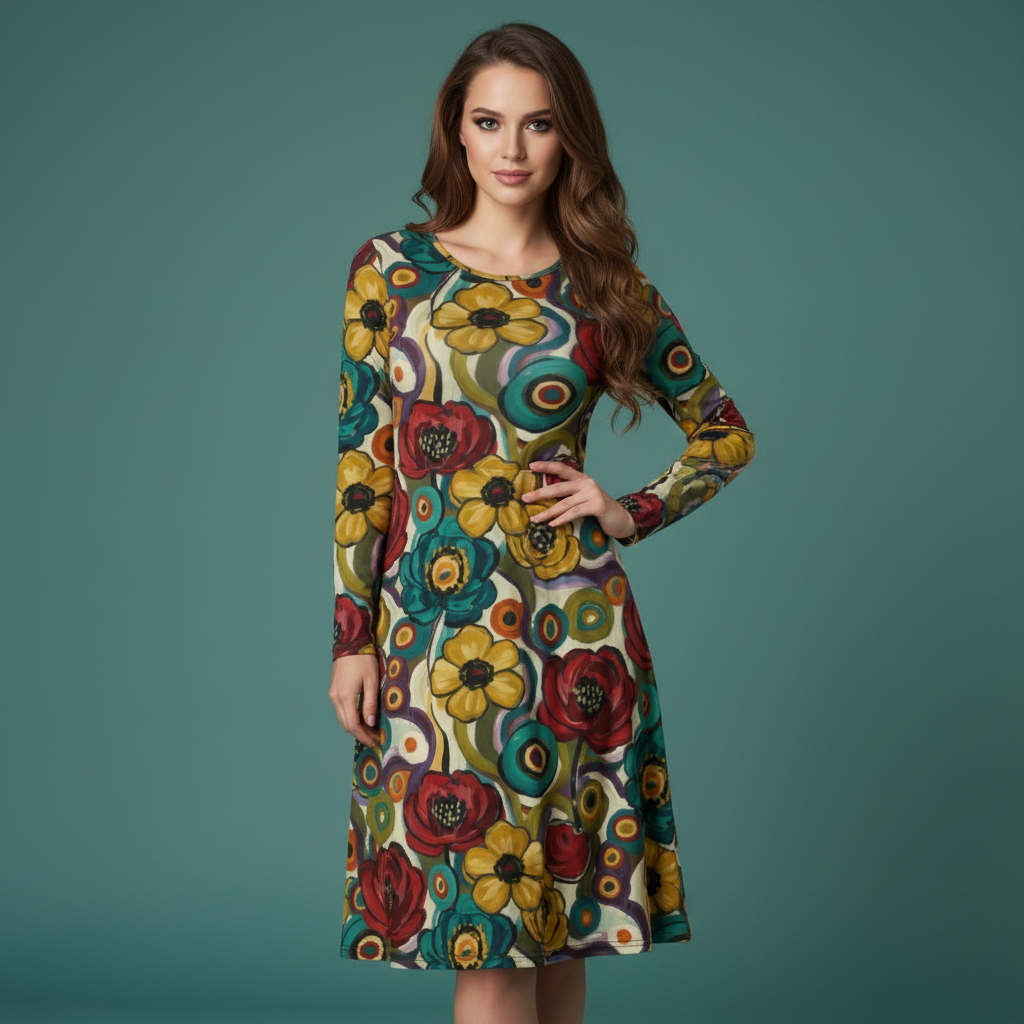 All-over print long sleeve midi dress 264