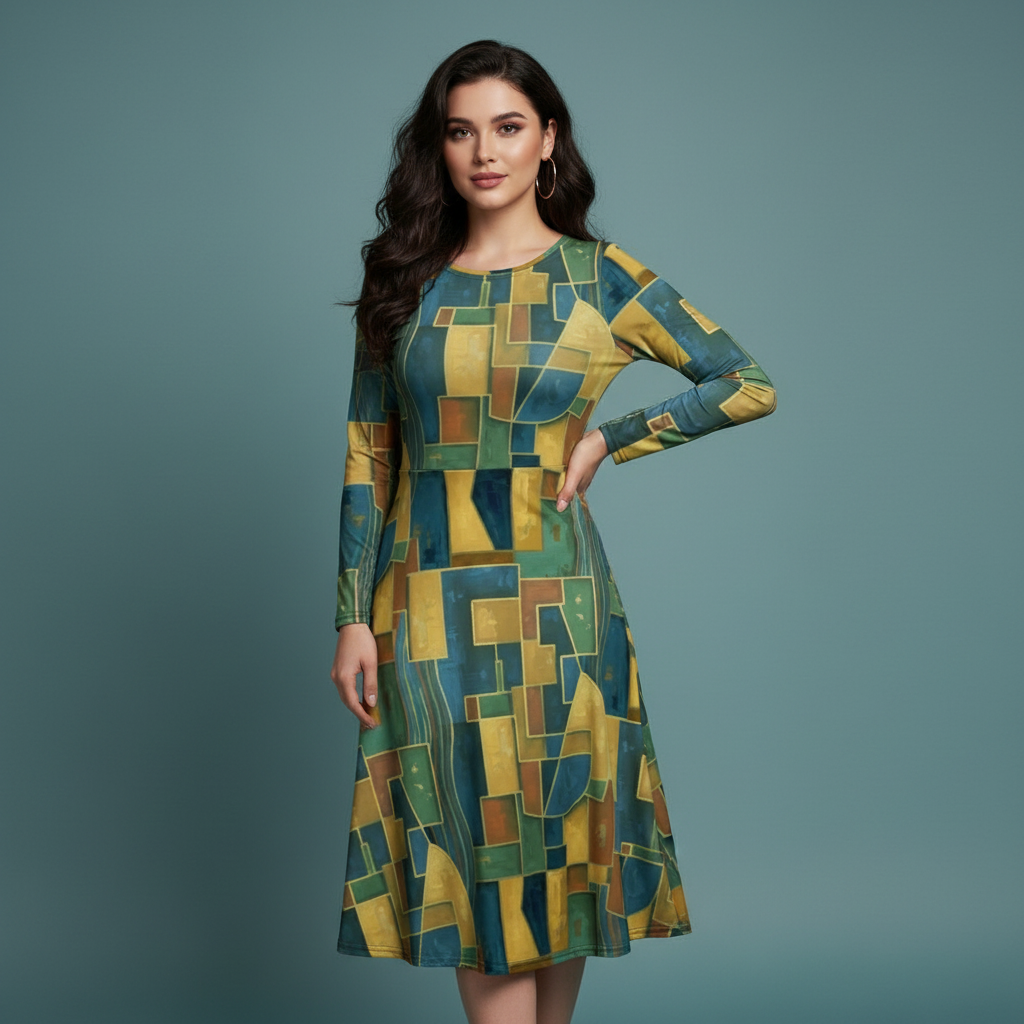 All-over print long sleeve midi dress 274Bkl3