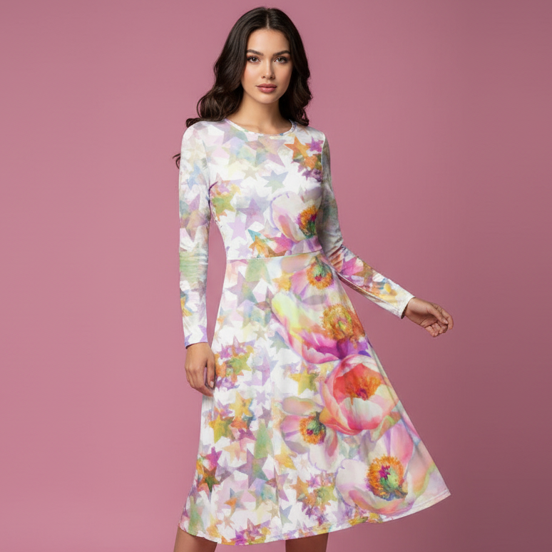 All-over print long sleeve midi dress 266E