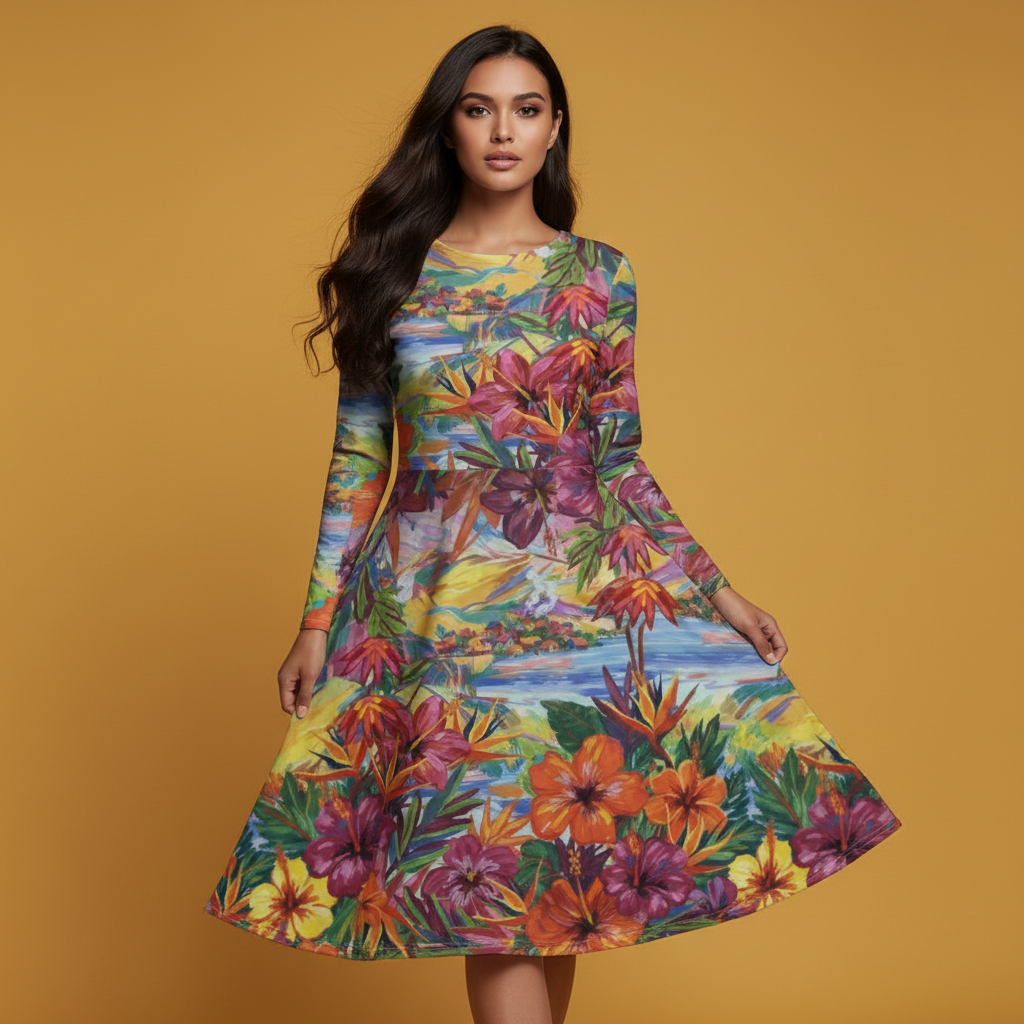 All-over print long sleeve midi dress 273