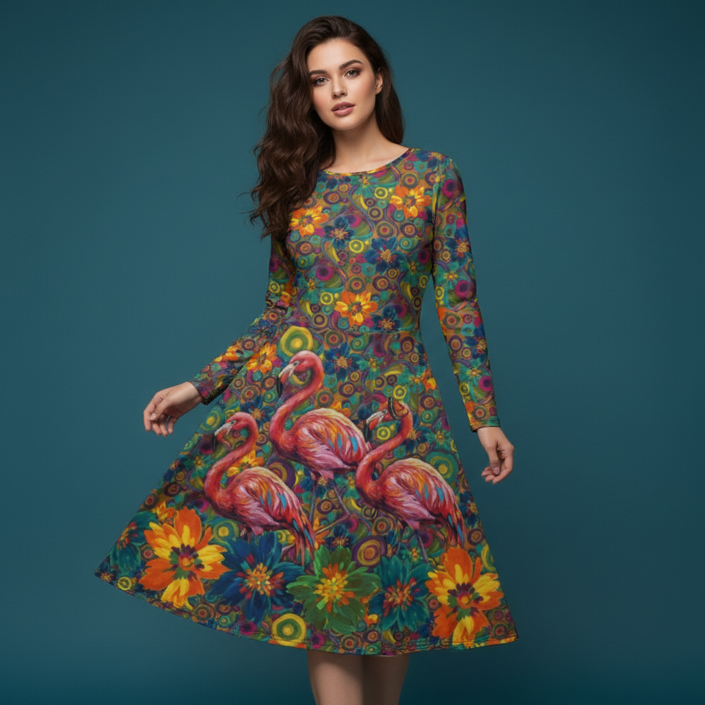 All-over print long sleeve midi dress 270