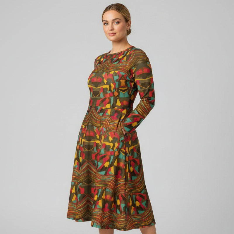 All-over print long sleeve midi dress 277Bkl3