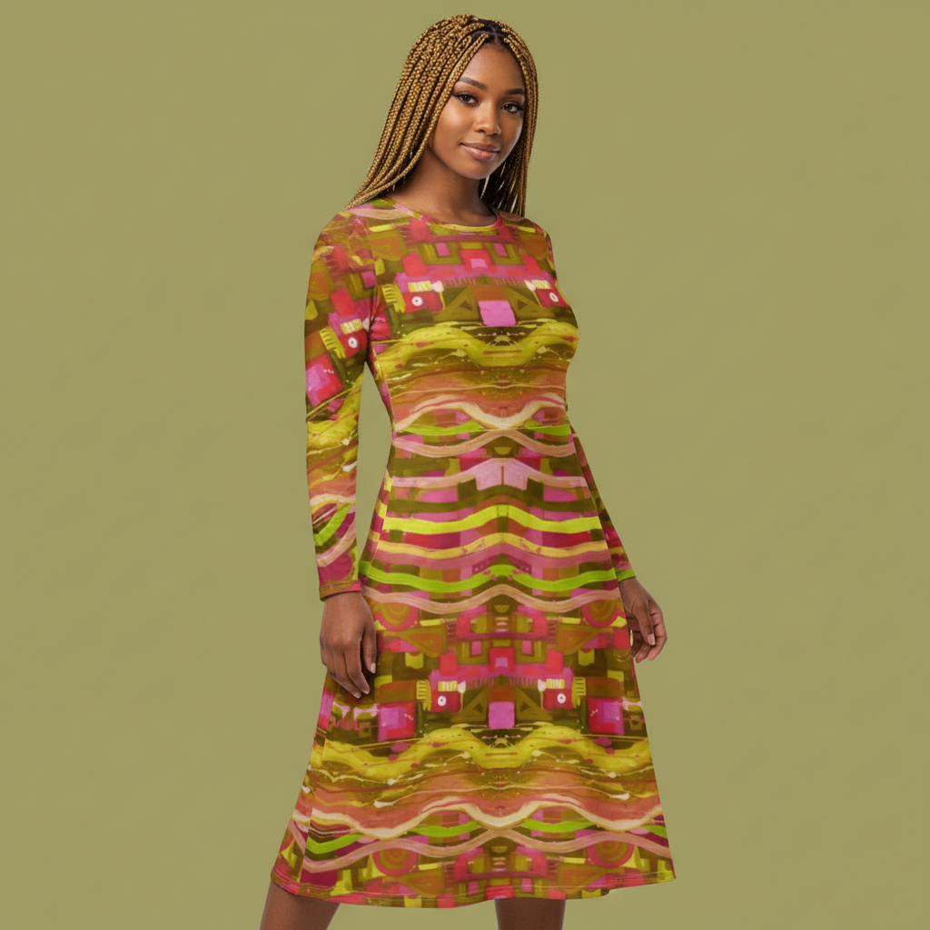 All-over print long sleeve midi dress 275kl4