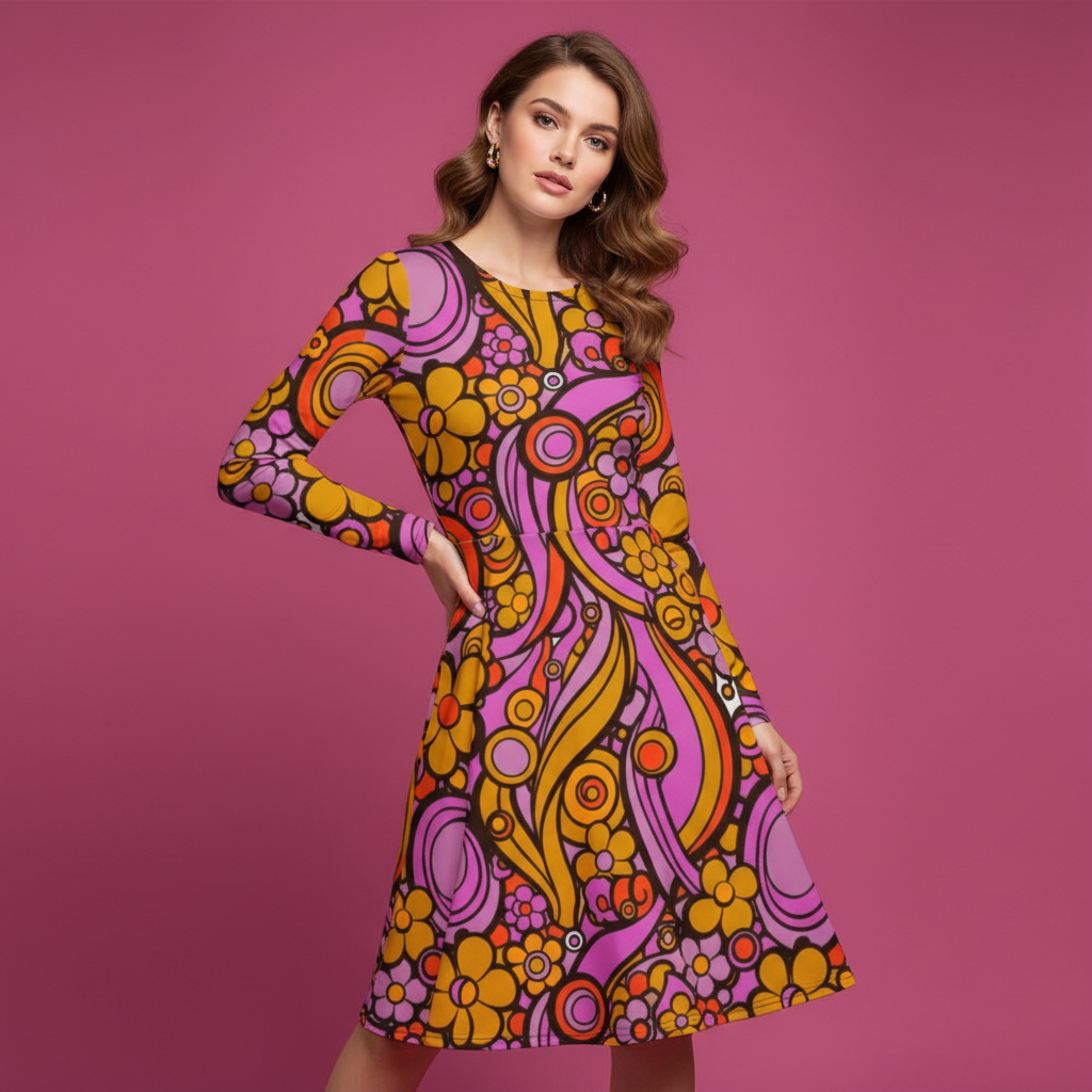 All-over print long sleeve midi dress 263kl2B