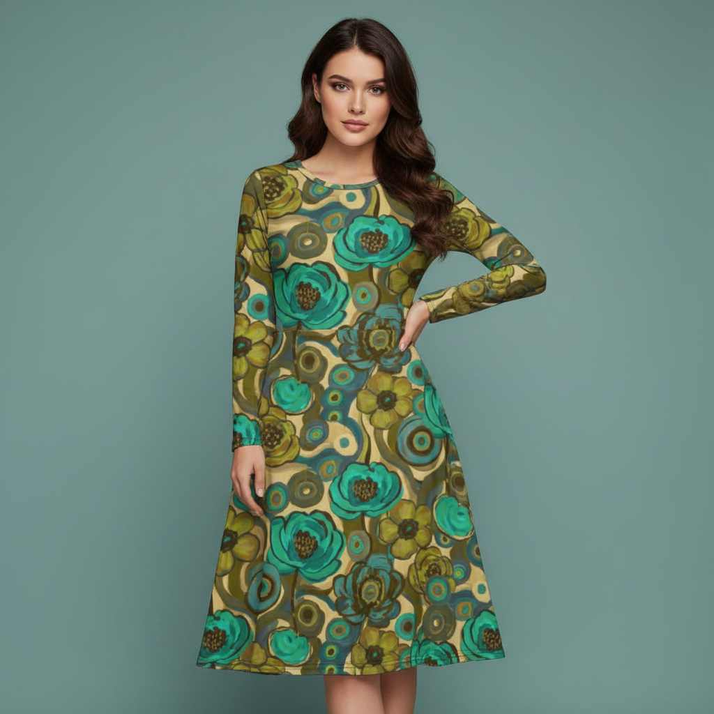 All-over print long sleeve midi dress 264kl4
