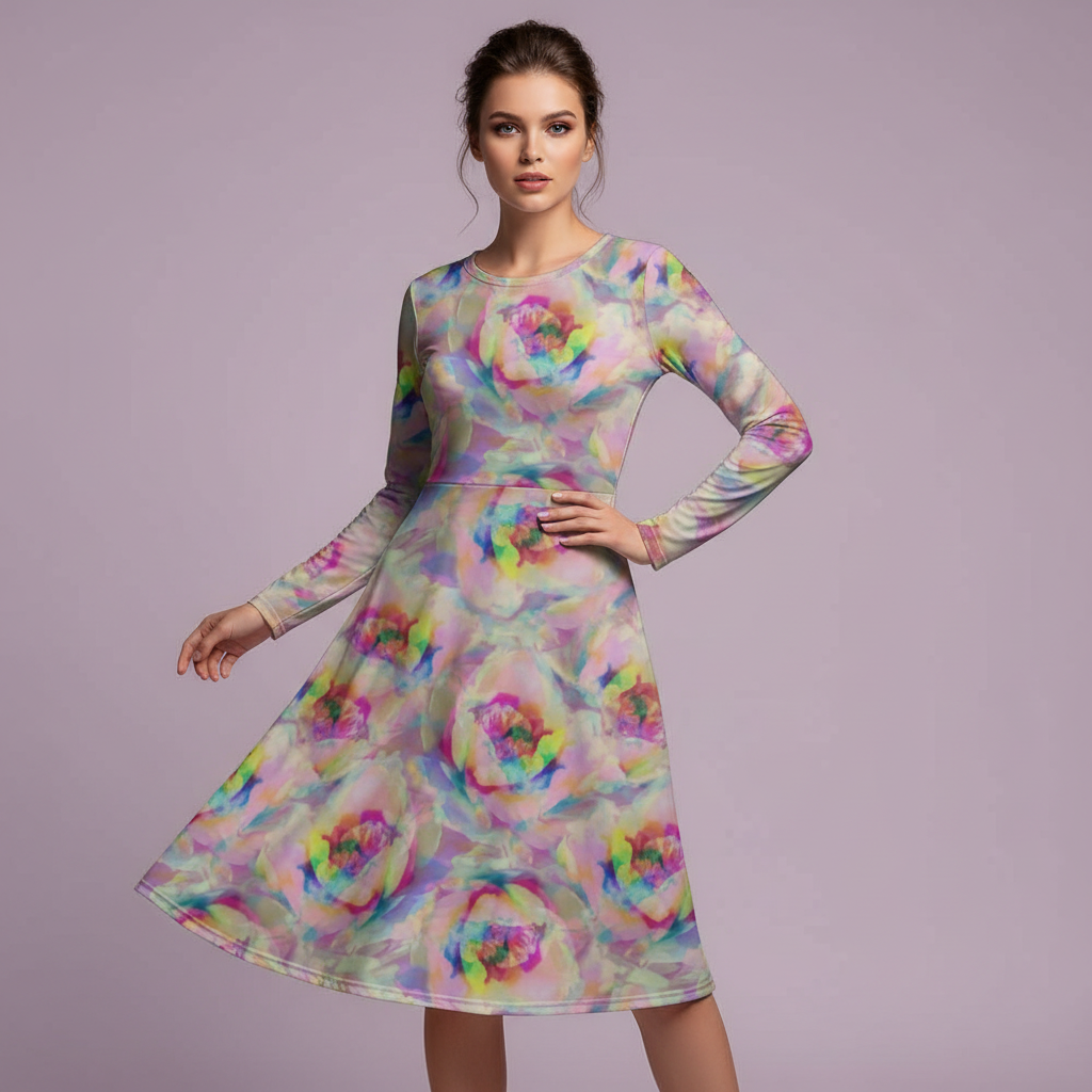 All-over print long sleeve midi dress 266A