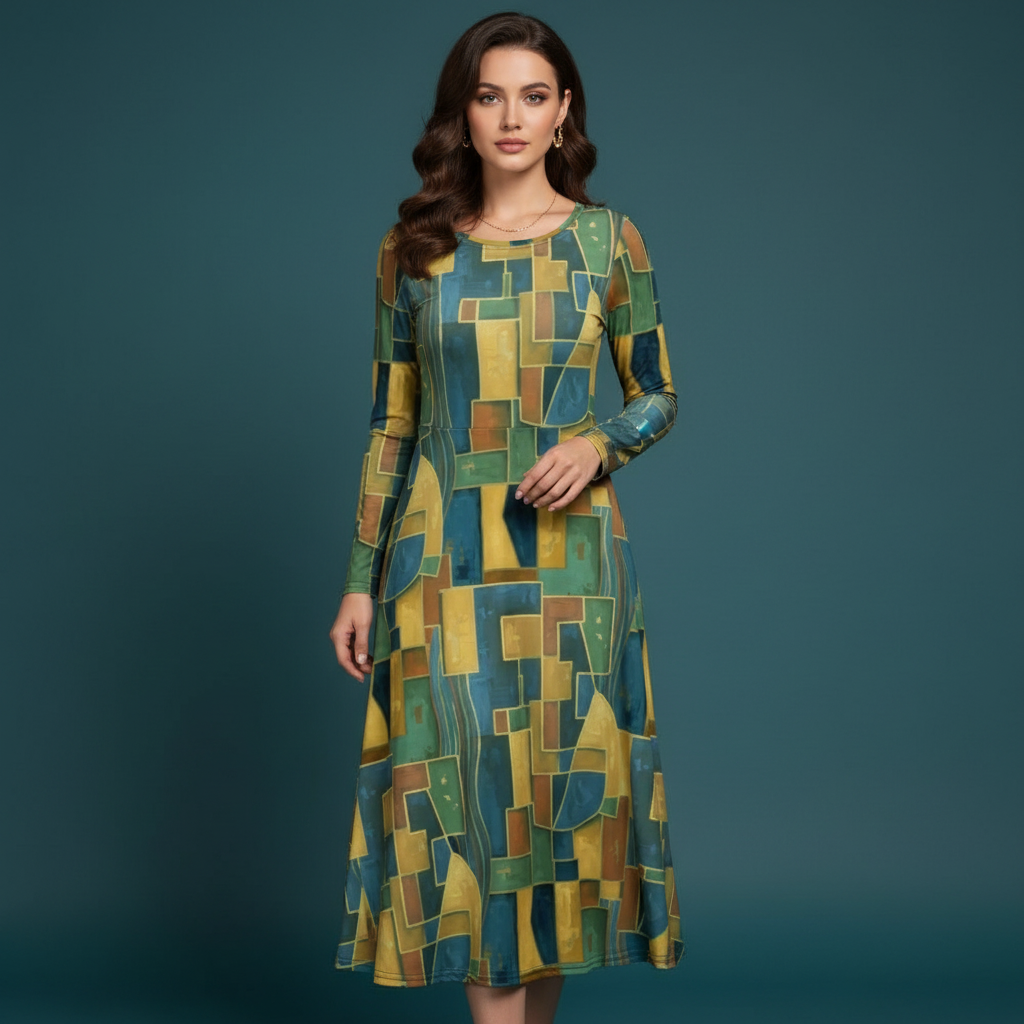 All-over print long sleeve midi dress 274Bkl3