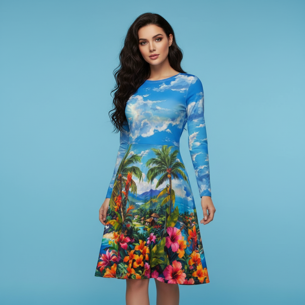 All-over print long sleeve midi dress 271