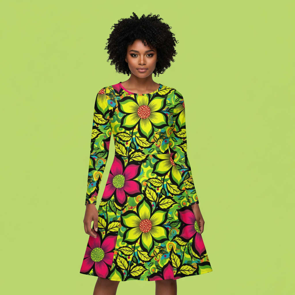 All-over print long sleeve midi dress 281kl1