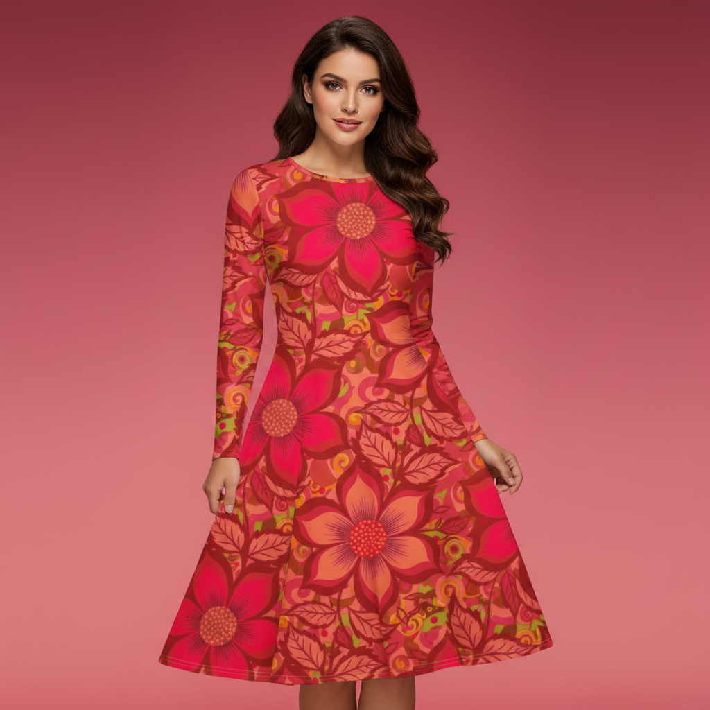 All-over print long sleeve midi dress 281kl4