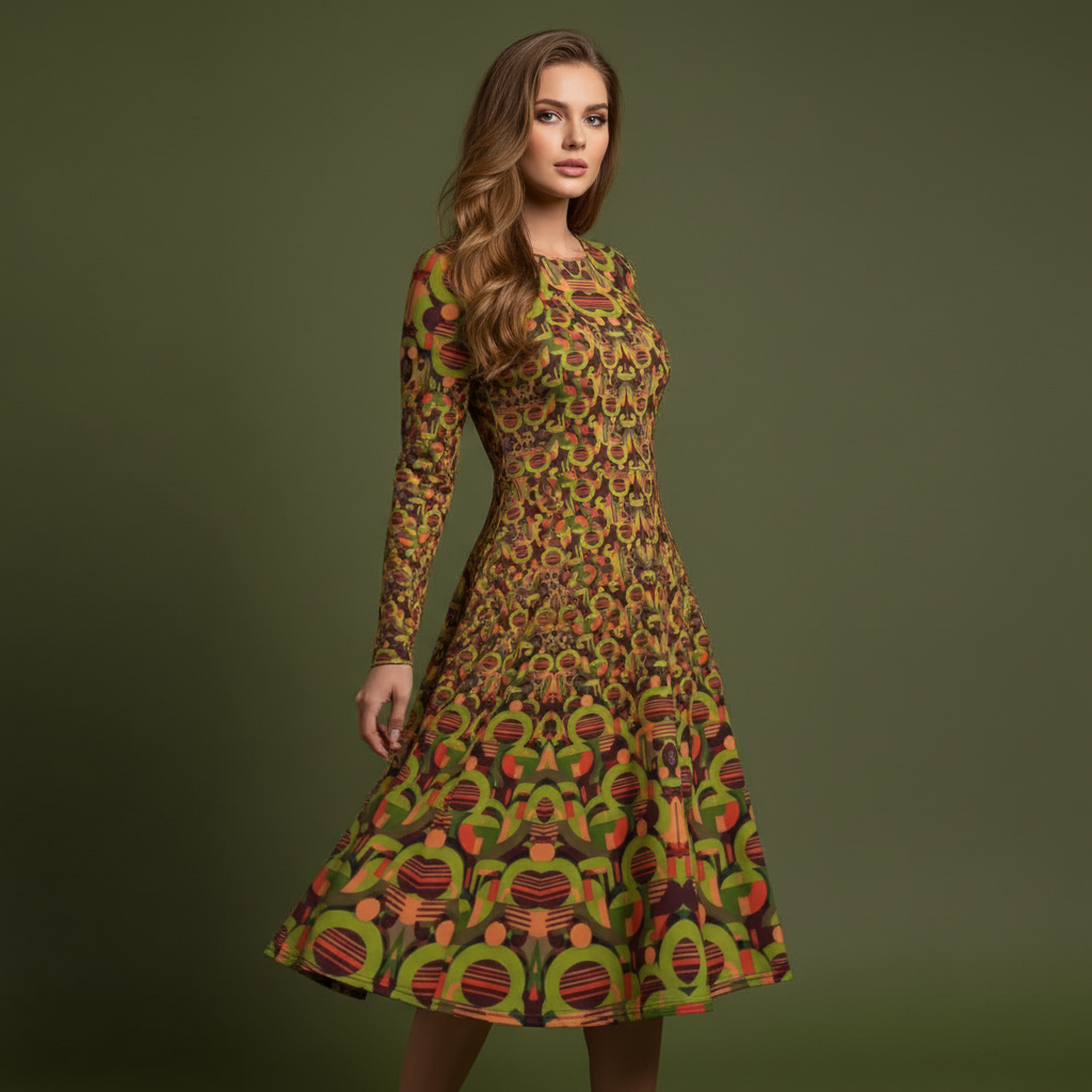 All-over print long sleeve midi dress 280B2