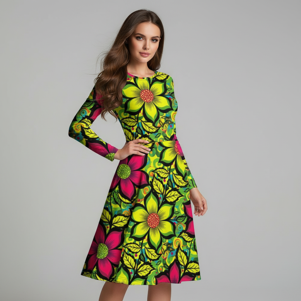 All-over print long sleeve midi dress 281kl1
